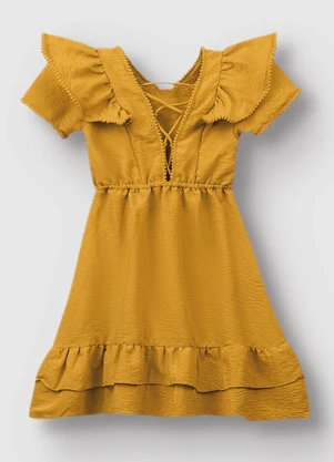 Carinhoso - Vestido Curto Rodado com Babado Amarelo Mostarda - CARINHOSO