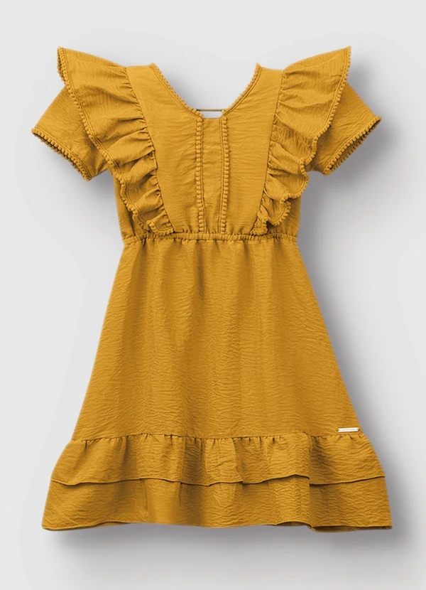 Carinhoso - Vestido Curto Rodado com Babado Amarelo Mostarda