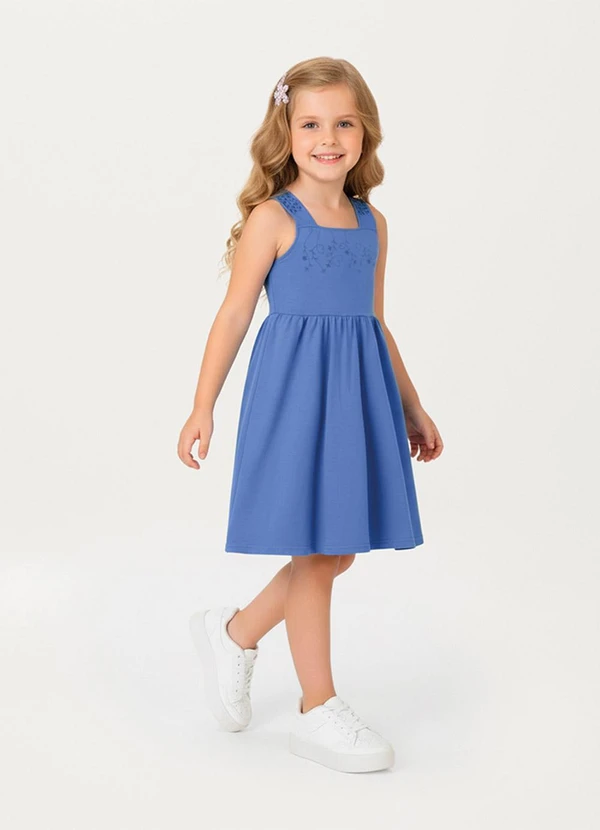 Carinhoso - Vestido Curto Rodado com Bordado Azul