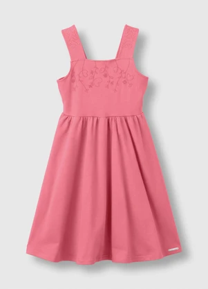 Carinhoso - Vestido Curto Rodado com Bordado Rosa - CARINHOSO