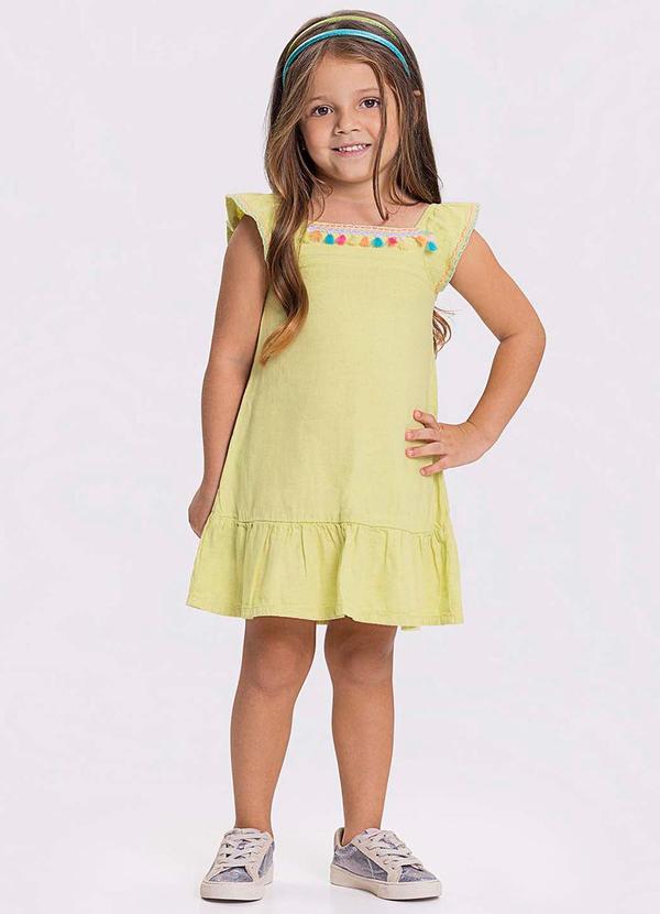 Alakazoo - Vestido Curto Sarja Mangas Bordadas Amarelo