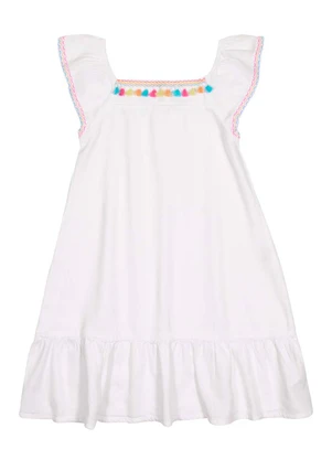 Alakazoo - Vestido Curto Sarja Mangas Bordadas Branco - ALAKAZOO