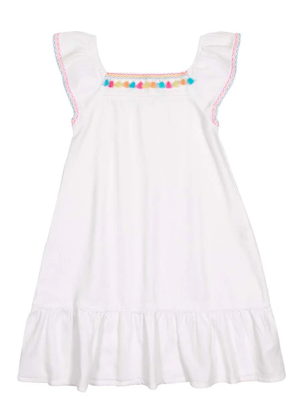 Alakazoo - Vestido Curto Sarja Mangas Bordadas Branco