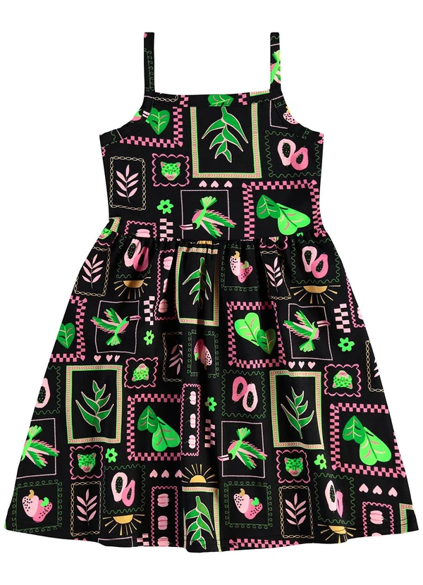Malwee Kids - Vestido Curto Tropical Evasê Preto