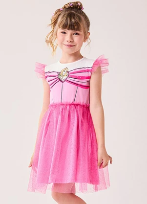 Bimbi - Vestido da Aurora Disney com Tule de Brilho Rosa - BIMBI