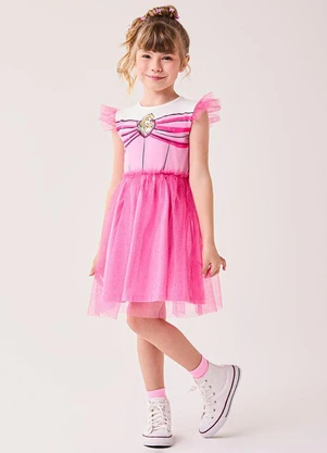 Bimbi - Vestido da Aurora Disney com Tule de Brilho Rosa - BIMBI