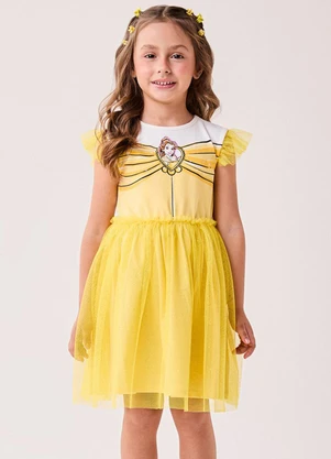 Bimbi - Vestido da Bela Disney com Tule de Brilho Rosa - BIMBI