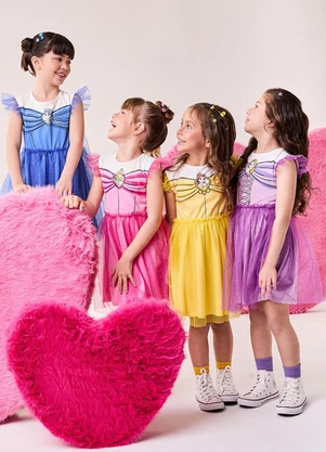 Bimbi - Vestido da Bela Disney com Tule de Brilho Rosa - BIMBI