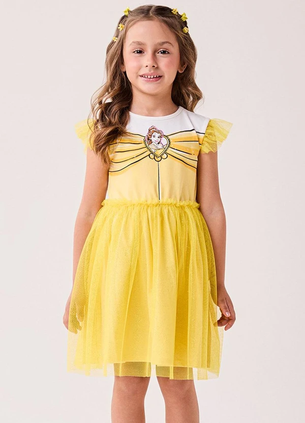 Bimbi - Vestido da Bela Disney com Tule de Brilho Rosa