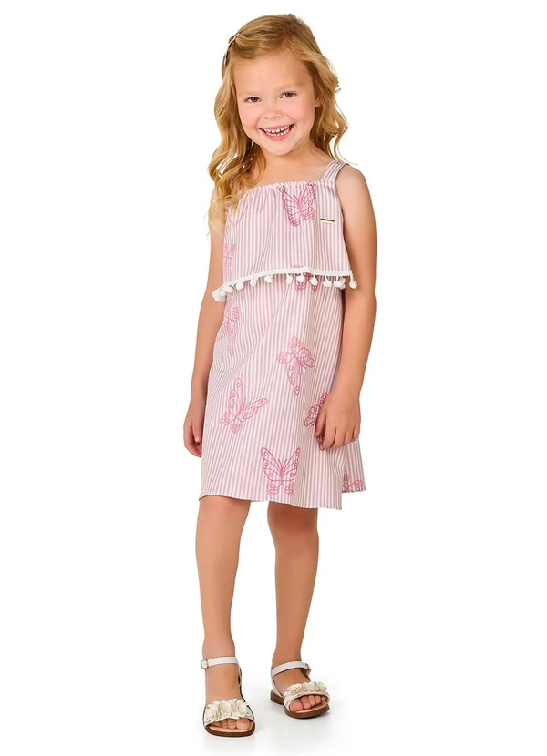 Marlan - Vestido de Alças Infantil Menina com Pompom Rosa