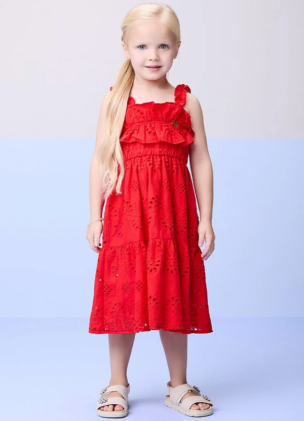 Momi - Vestido de Laise com Babados Vermelho