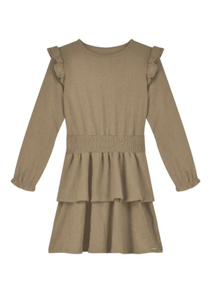 Alakazoo - Vestido de Manga Longa Infantil com Babados Bege - ALAKAZOO