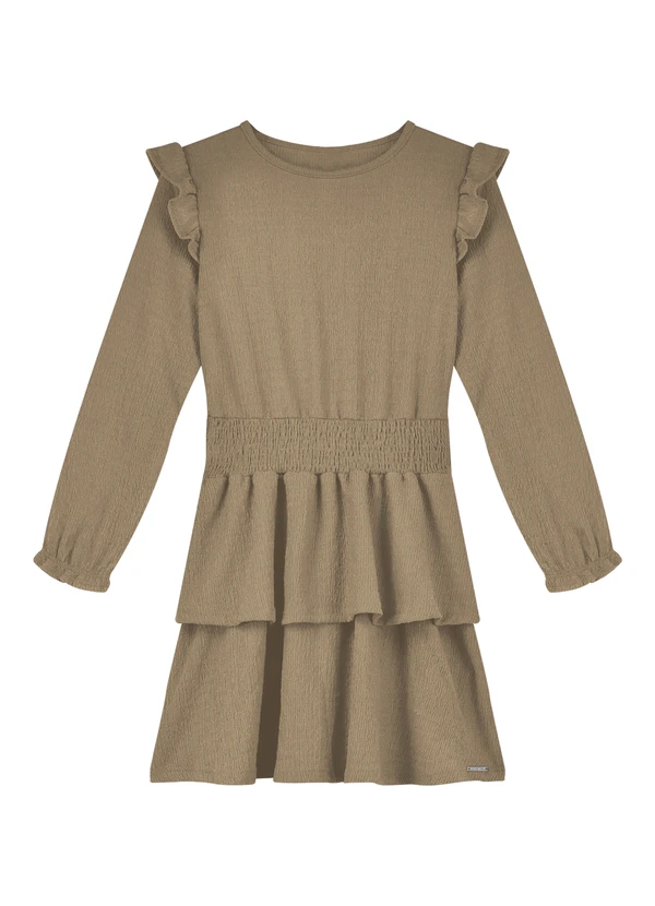 Alakazoo - Vestido de Manga Longa Infantil com Babados Bege