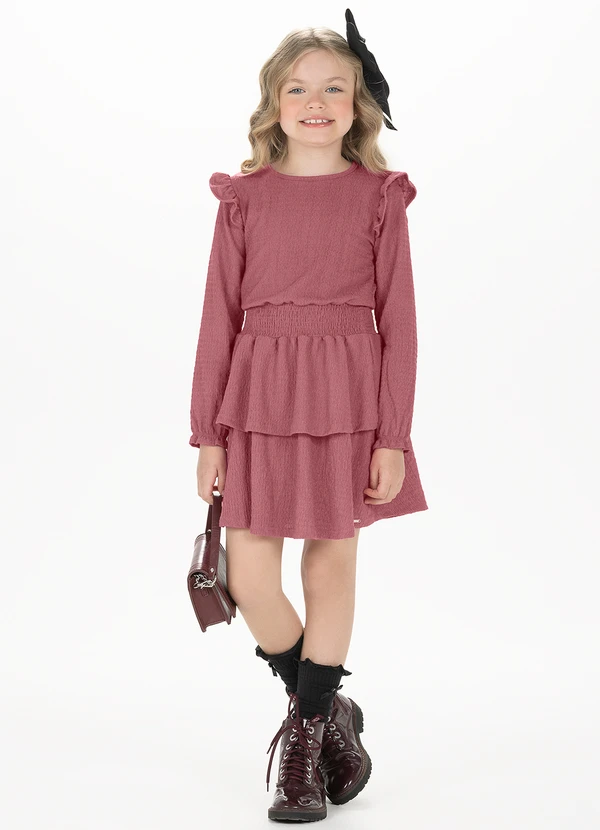 Alakazoo - Vestido de Manga Longa Infantil com Babados Rosa
