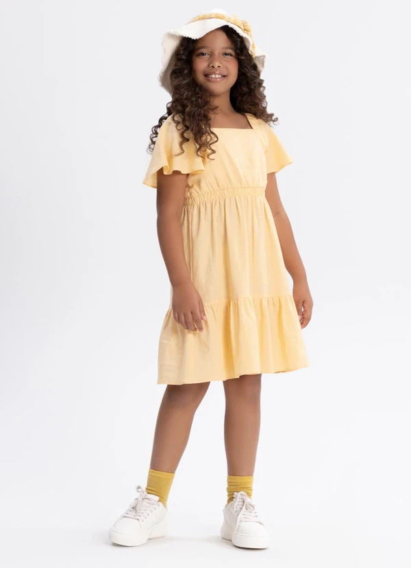 Alakazoo - Vestido de Mangas Curtas com Linho Laranja