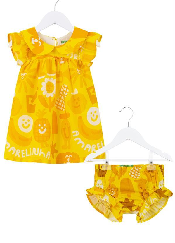 Fábula - Vestido de Tricoline Bebê Estampa Amarelinha Amarelo