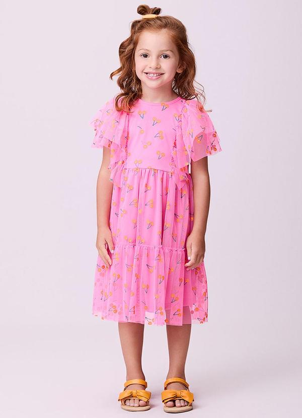 Momi - Vestido de Tule com Cerejas de Paetê Rosa