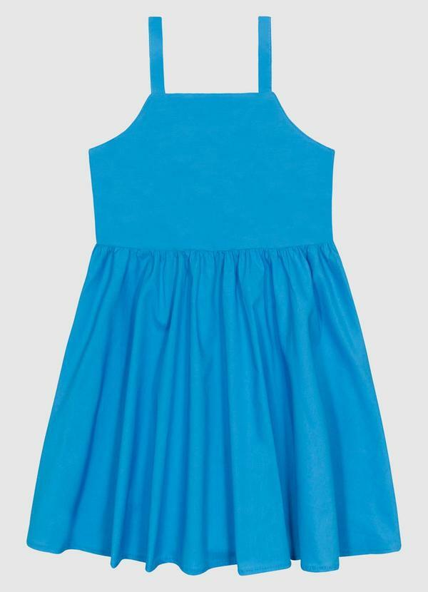 Carinhoso - Vestido Decote Reto Alça Fina em Tricoline Azul