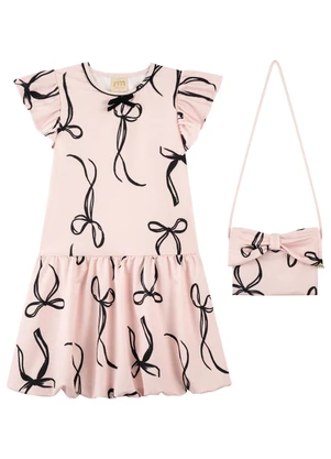 Milli e Nina - Vestido e Bolsa em Malha Estampada Rosa - MILLI E NINA