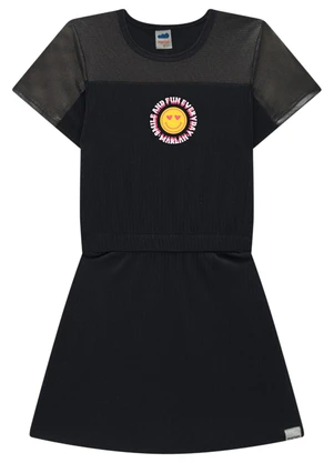 Marlan - Vestido em Canelado Pa e Tela Shine Preto - MARLAN
