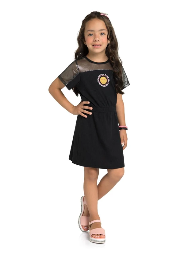 Marlan - Vestido em Canelado Pa e Tela Shine Preto