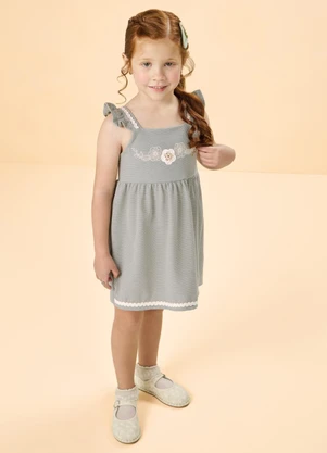 Milli e Nina - Vestido em Cotton Aplique em Crochê Verde - MILLI E NINA