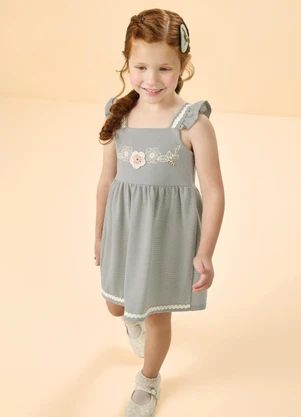 Milli e Nina - Vestido em Cotton Aplique em Crochê Verde - MILLI E NINA