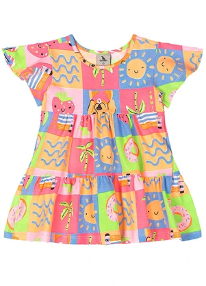 Quimby - Vestido em Cotton de Manga Evasê Estampado - QUIMBY