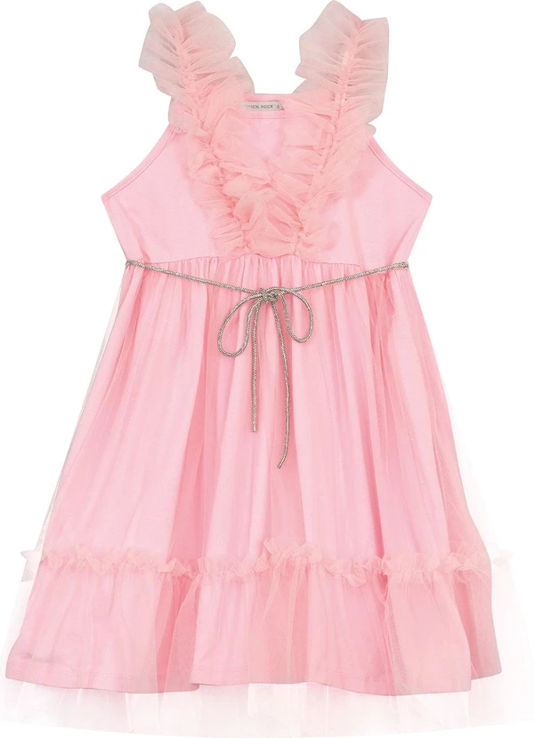 Trick Nick - Vestido em Cotton Leve e Tule Rosa