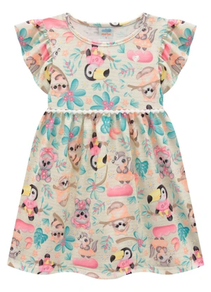 Marlan - Vestido em Cotton Maquinetado Cute Jungle Bege - MARLAN