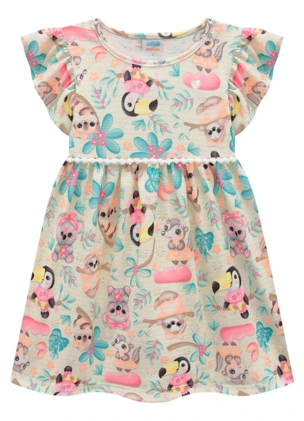 Marlan - Vestido em Cotton Maquinetado Cute Jungle Bege