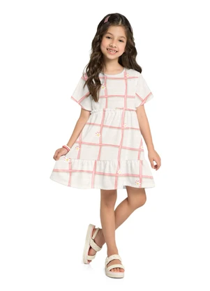 Marlan - Vestido em Cotton Maquinetado Grid Junino Bege - MARLAN
