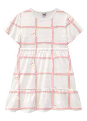 Marlan - Vestido em Cotton Maquinetado Grid Junino Bege - MARLAN