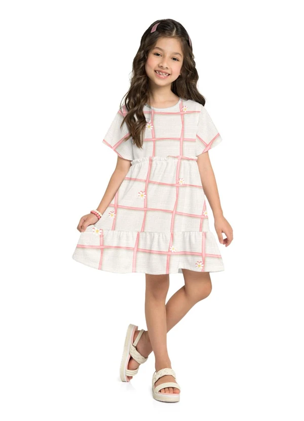 Marlan - Vestido em Cotton Maquinetado Grid Junino Bege