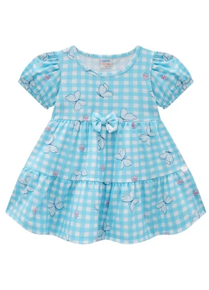 Marlan - Vestido em Cotton Maquinetado Margaridas Azul - MARLAN