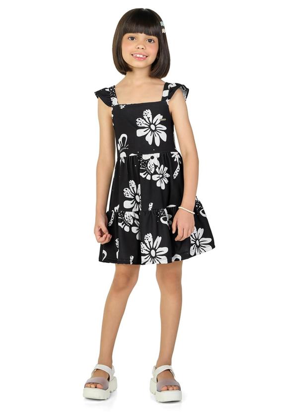 Marlan - Vestido em Cotton Penteado Floral Abstrato Preto