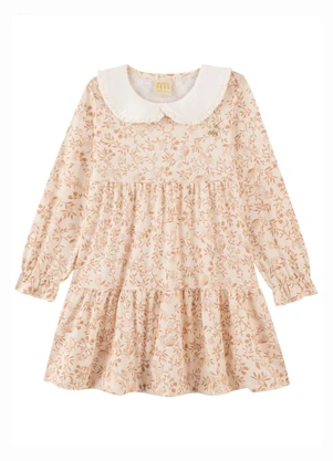 Milli e Nina - Vestido em Cotton Penteado Pássaros Bege - MILLI E NINA