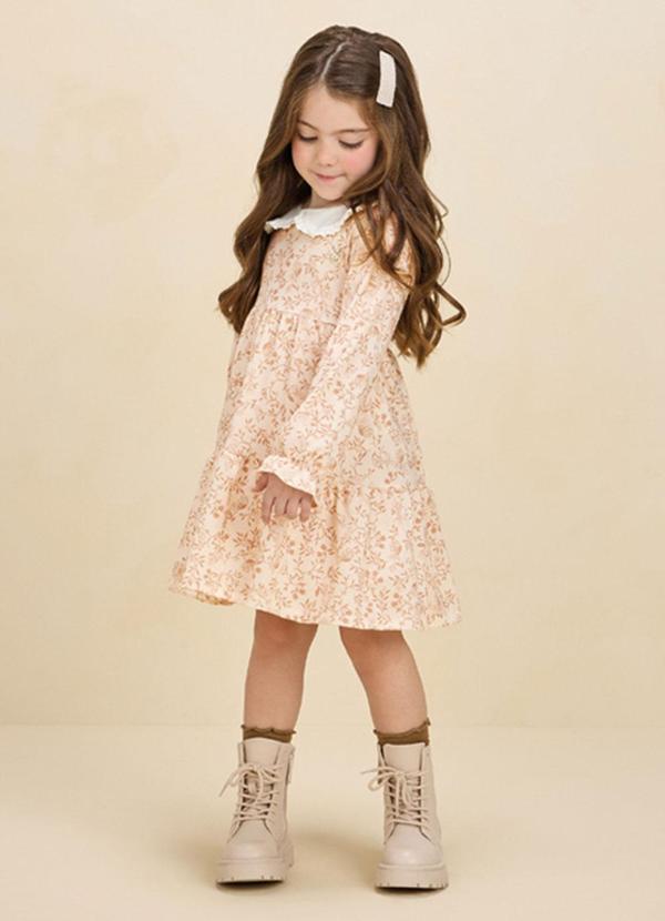 Milli e Nina - Vestido em Cotton Penteado Pássaros Bege