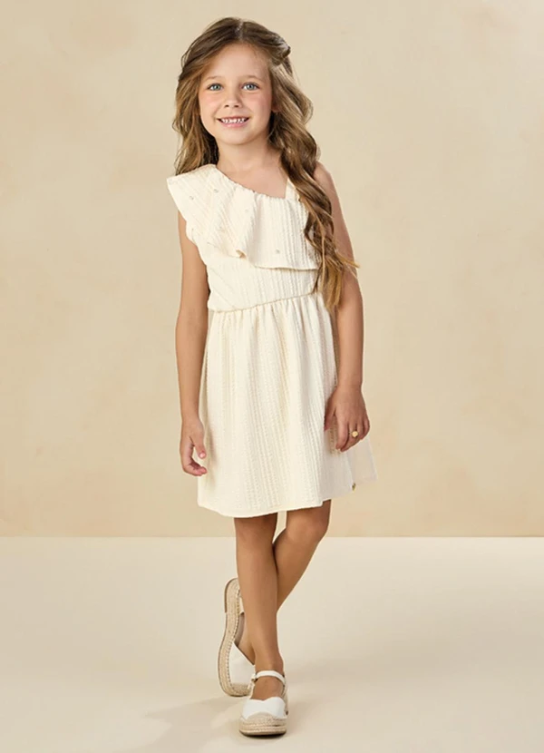 Milli e Nina - Vestido em Jacquard Tranças Bege