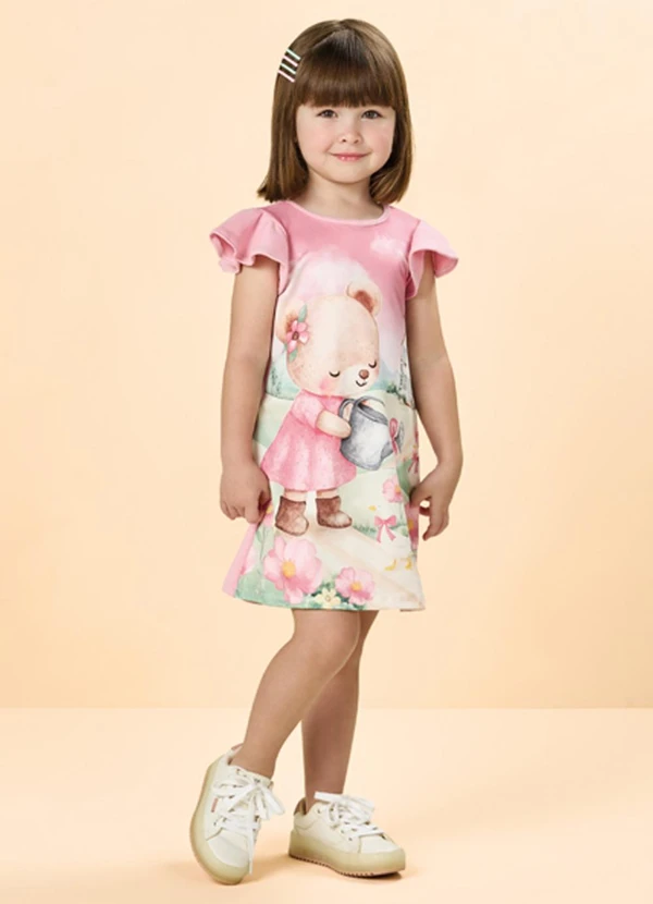 Milli e Nina - Vestido em Malha com Estampa Rosa