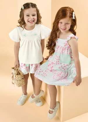 Milli e Nina - Vestido em Malha Enrugada Estampada Verde - MILLI E NINA