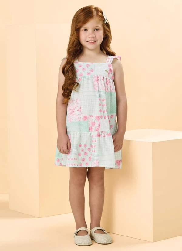Milli e Nina - Vestido em Malha Enrugada Estampada Verde