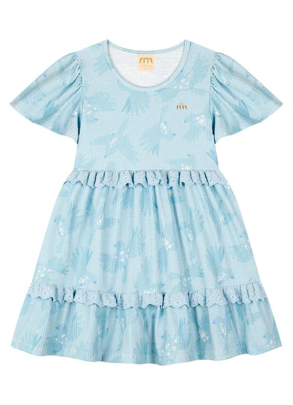 Milli e Nina - Vestido em Malha Enrugada Pássaros Azul