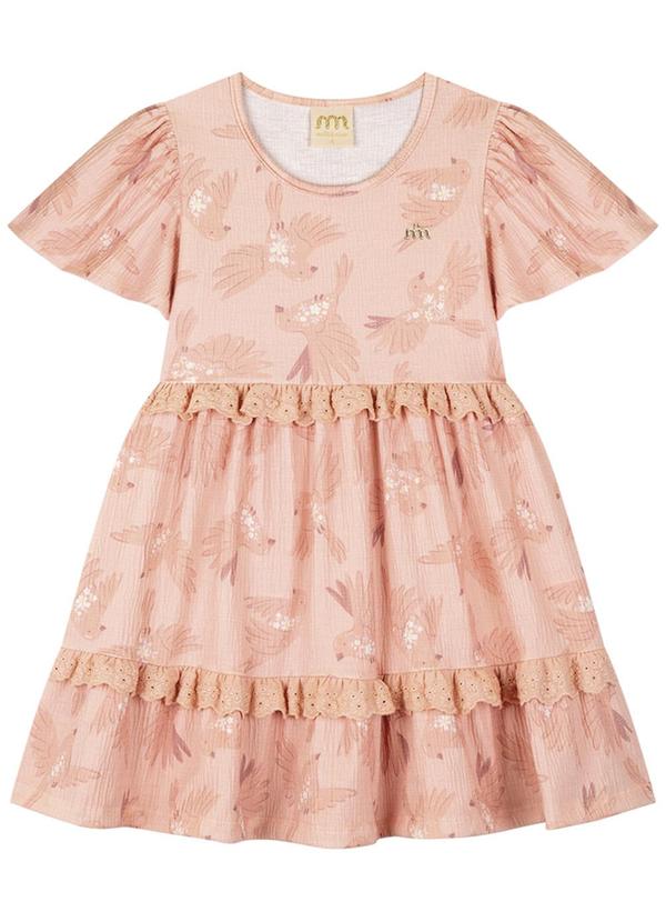 Milli e Nina - Vestido em Malha Enrugada Pássaros Rosa