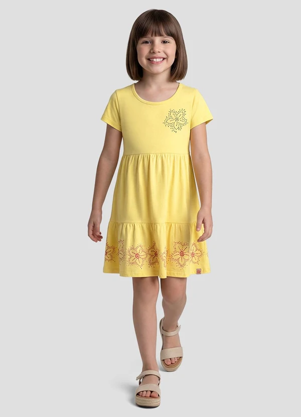Kely Kety - Vestido em Relevo, Glitter e Aplicação Amarelo