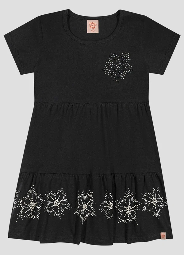 Kely Kety - Vestido em Relevo, Glitter e Aplicação Preto