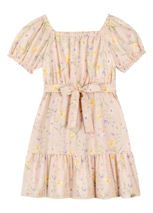 Milli e Nina - Vestido em Tecido Rajado Bosque Florido Bege - MILLI E NINA