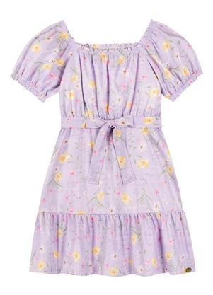 Milli e Nina - Vestido em Tecido Rajado Bosque Florido Roxo - MILLI E NINA