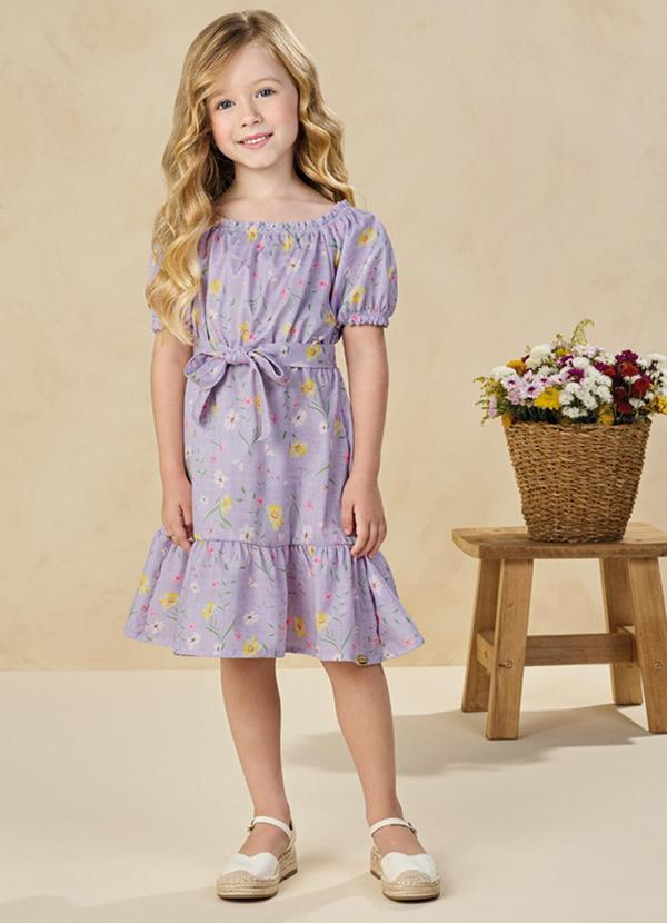 Milli e Nina - Vestido em Tecido Rajado Bosque Florido Roxo