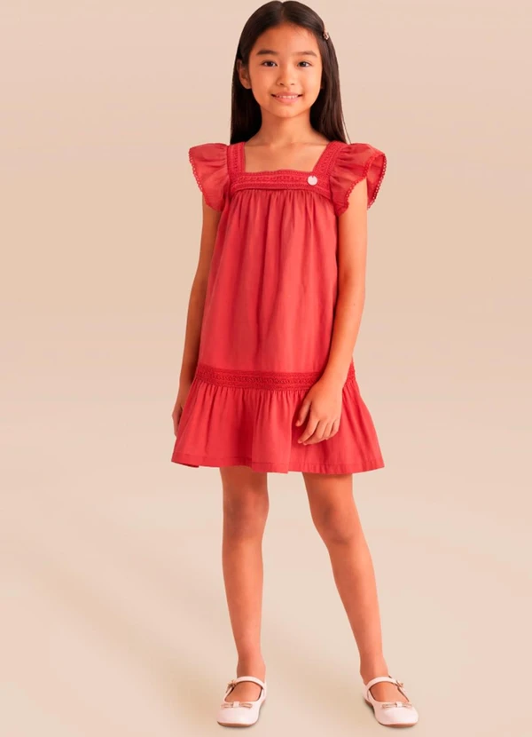 Mundi - Vestido em Tricoline com Renda Vermelho